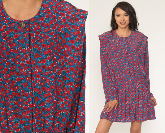 Leslie Fay Floral Mini Dress 90s Red Blue Pleated Button-Up Extra Large