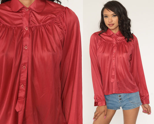 70s Dark Pink Button-Up Blouse Long Sleeve Tunic Loose Fit Medium