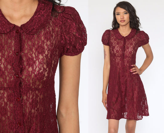 90s Burgundy Lace Mini Dress Peter Pan Collar Puff Sleeve Extra Small