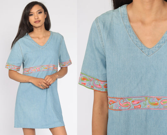90s Embroidered Paisley Denim Mini Dress Blue Cotton Shift Medium