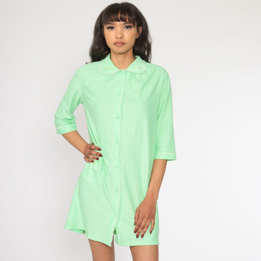 1960s Green Shift Dress Peter Pan Collar Floral Applique Mini Medium