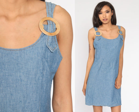 90s Blue Denim Mini Dress Sheath Cut Sleeveless Jumper Medium 8