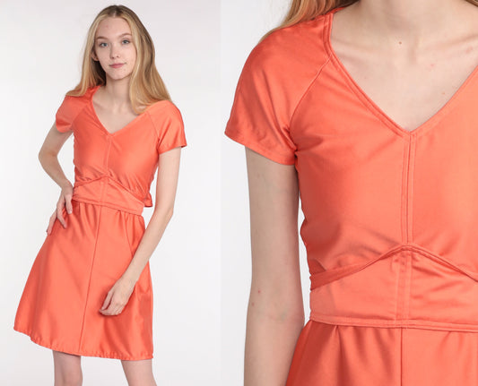 70s Orange Babydoll Mini Dress Empire Waist Deep V Neck Extra Small