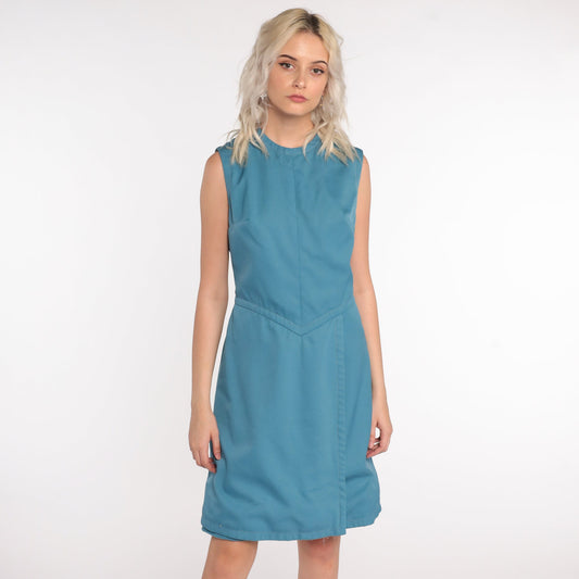 70s Mod Shift Dress Blue Sleeveless Mini High Waist Small