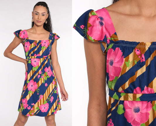 70s Floral Mini Dress Empire Waist Flutter Sleeve Blue Pink Small Medium