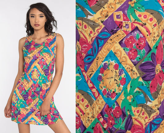 90s Floral Mini Shift Dress Sleeveless Summer Sundress Medium