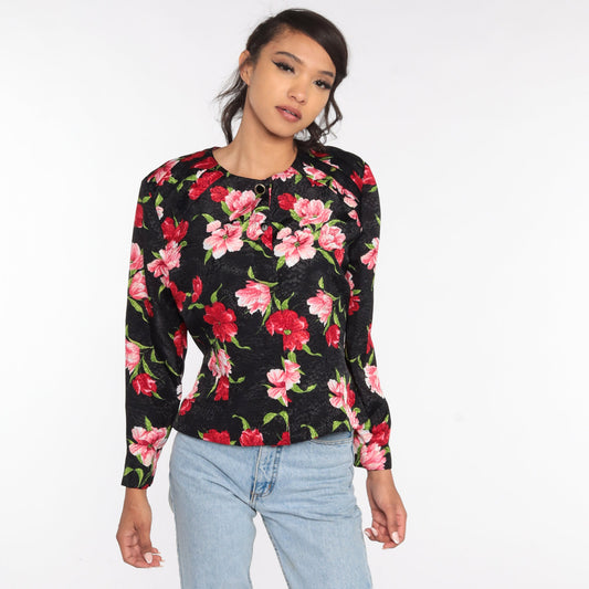 90s Liz Claiborne Black Floral Button-Up Blouse Long Sleeve Large L