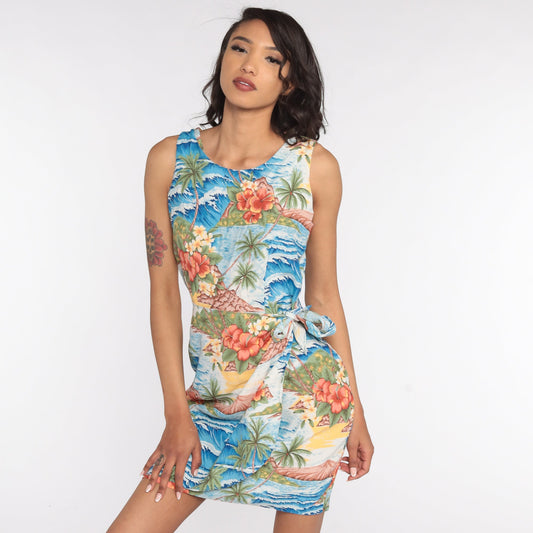 90s Hawaiian Wrap Dress Mini Tropical Bird of Paradise Print Blue Small