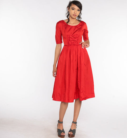 60s Teena Paige Red Bow Party Dress Tea Length Extra Small