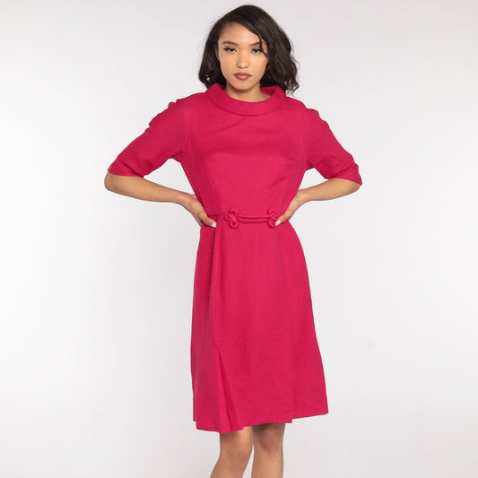 1960s Deep Pink Wool Mini Dress High Waist 3/4 Sleeve Small