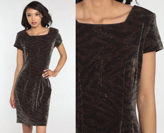 90s Metallic Tiger Stripe Mini Dress Short Sleeve Shift Minidress Medium