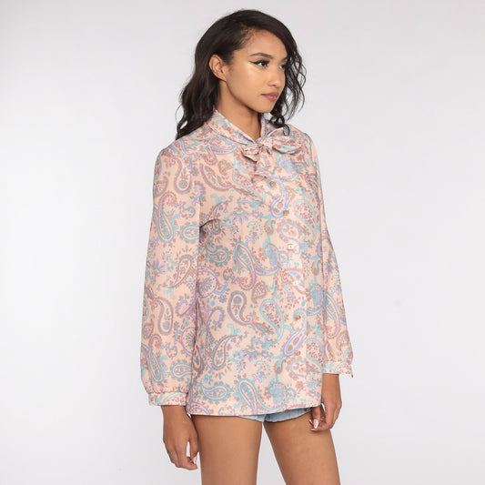 70s Paisley Ascot Blouse Button-Up Long Sleeve Neck Tie Top Medium Large