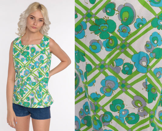 70s Psychedelic Floral Tank Top Blue Green Sleeveless Blouse Small