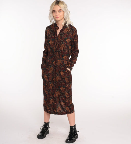 80s Floral Midi Dress Brown High-Waisted Keyhole Long Sleeve Medium