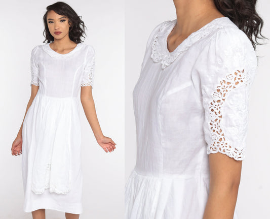 1970s White Linen Cotton Midi Dress Peter Pan Collar Puff Sleeve Small