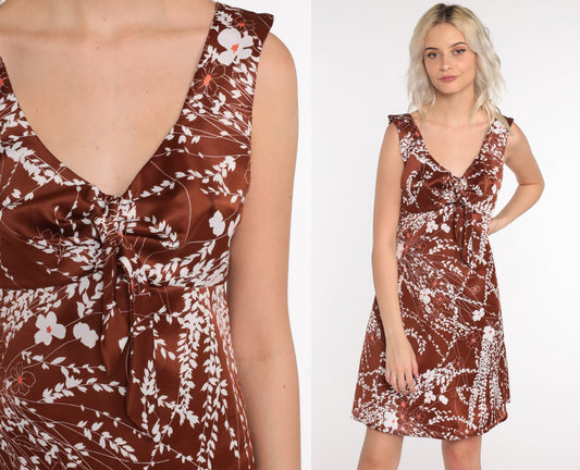 70s Brown Floral Mini Dress Empire Waist Sleeveless Bow Small Medium