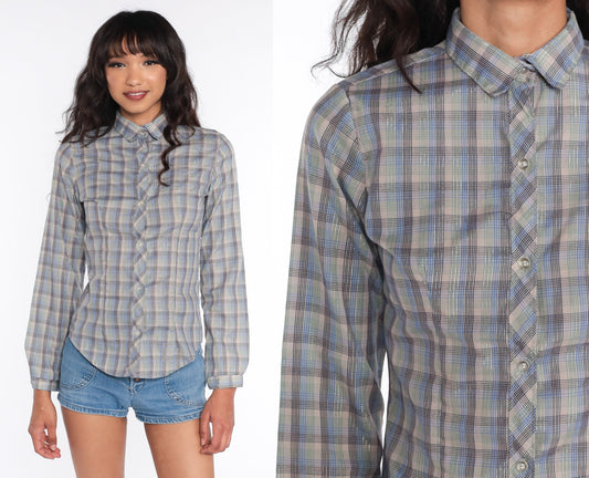 80s Plaid Blouse Metallic Stripes Button Down Long Sleeve Taupe Green Blue Small S