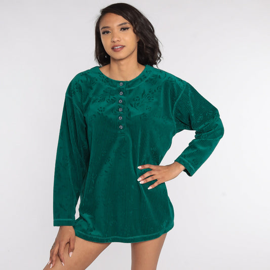 90s Green Floral Velour Henley Long Sleeve Shirt Medium