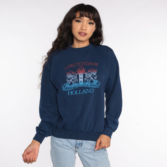 80s Amsterdam Holland Crest Sweatshirt Blue Graphic Crewneck Medium