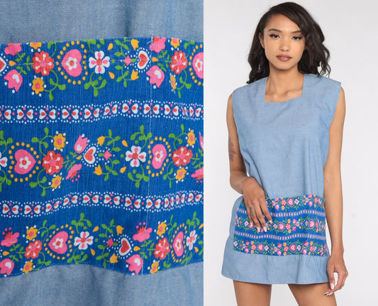 70s Blue Floral Blouse Open Back Sleeveless Cotton Top Small Medium
