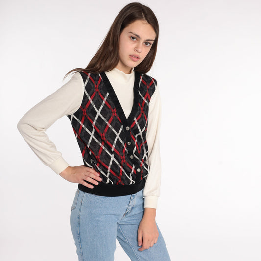 80s Plaid Mock Neck Sweatshirt with Attached Vest Small