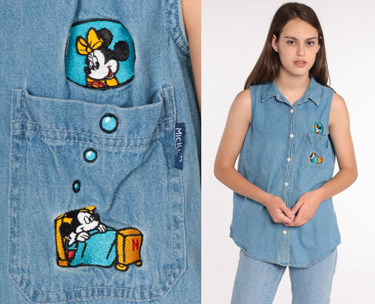 90s Mickey and Minnie Mouse Denim Shirt Disney Blue Cotton Medium