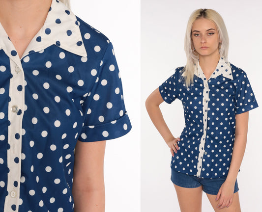 70s Blue Polka Dot Button-Up Blouse Dagger Collar Short Sleeve Small Medium