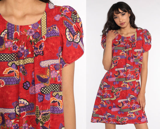 80s Butterfly Psychedelic Mini Dress Puff Sleeve Cotton Red Small