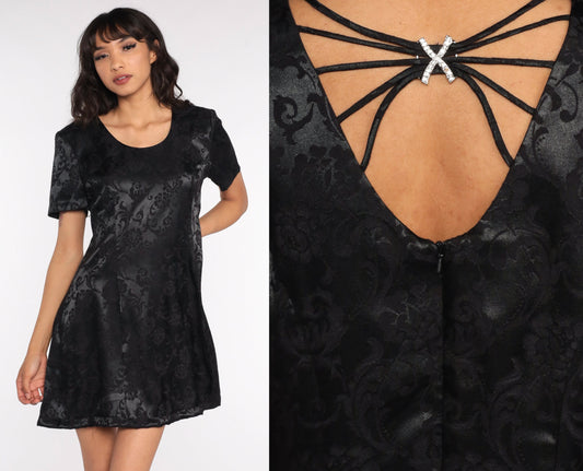 90s Black Satin Shift Mini Dress Floral Cage Back Rhinestone Medium