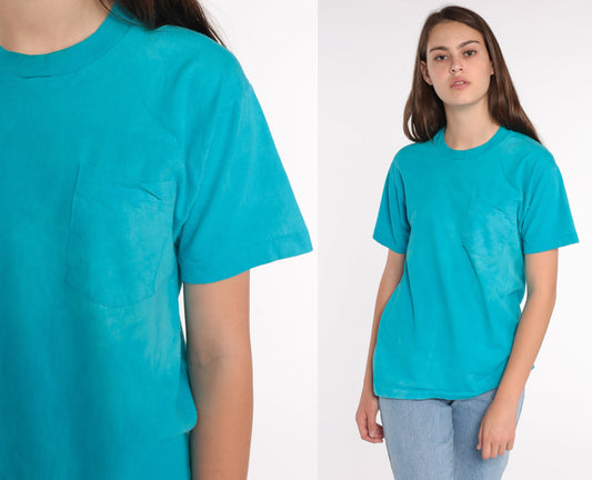 80s Blue Pocket T-Shirt Single Stitch Cotton Tee Medium