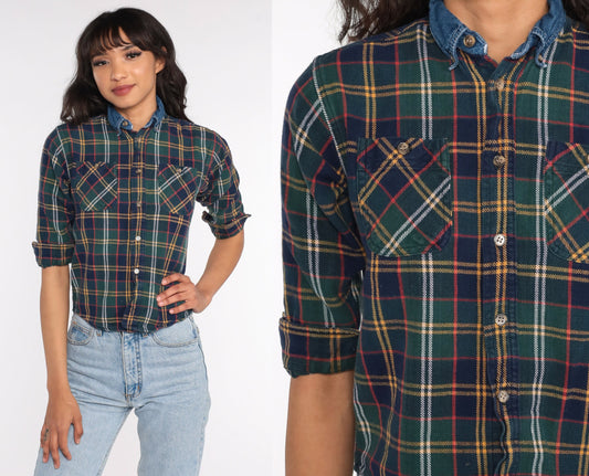 90s Plaid Flannel Shirt Denim Collar Blue Green Button Up Extra Small XS