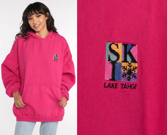 90s Lake Tahoe Ski Hoodie Sweatshirt Hot Pink Graphic Extra Large XXL