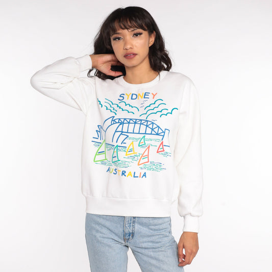 90s Sydney Opera House Harbour Bridge Sweatshirt White Graphic Crewneck Small