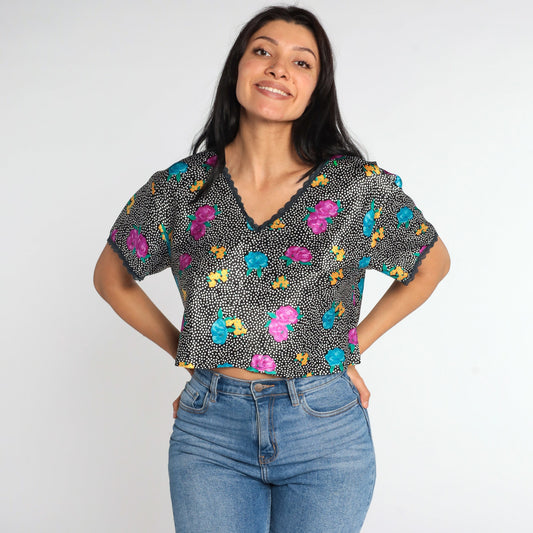 90s Black Floral Polka Dot Blouse Lace Trim V-Neck Short Sleeve Medium Large