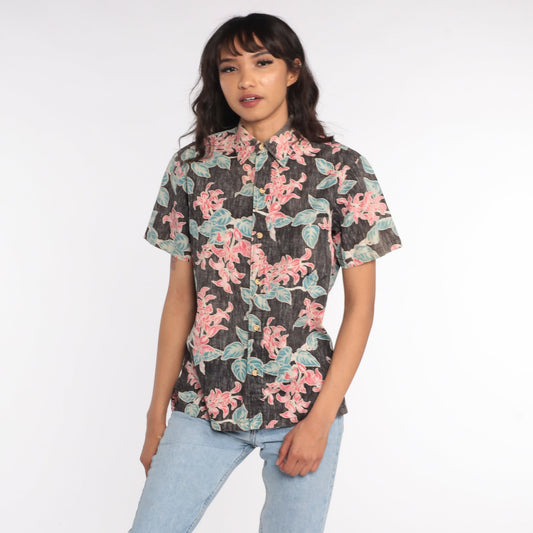 80s Cooke Street Hawaiian Shirt Tropical Floral Black Button Up Small