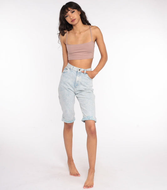 90s Acid Wash Denim Shorts Floral Cuff High Waist Bermuda Light Blue Extra Small