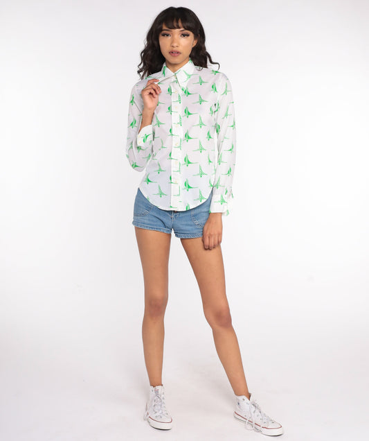 70s Geometric Print Button Up Shirt White Green Long Sleeve Small