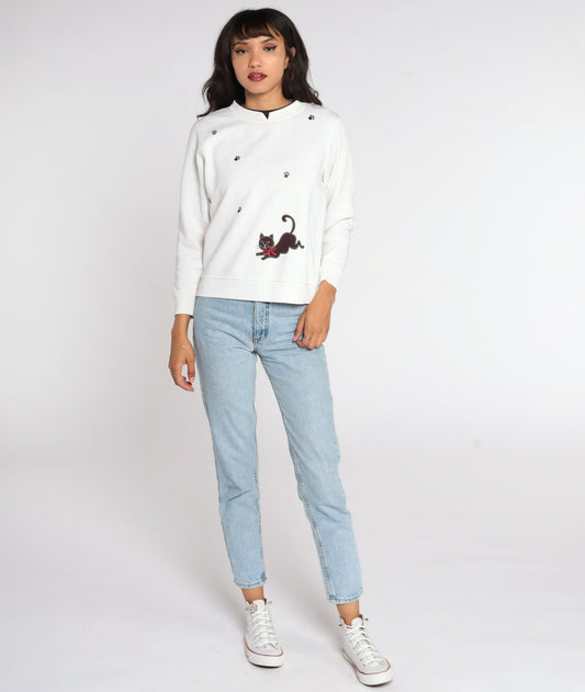 80s Cat Graphic Sweatshirt White Paw Print Crewneck Small