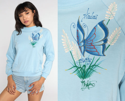 80s Hawaii Butterfly Sweatshirt Baby Blue Hand Painted Betty Raglan Extra Small