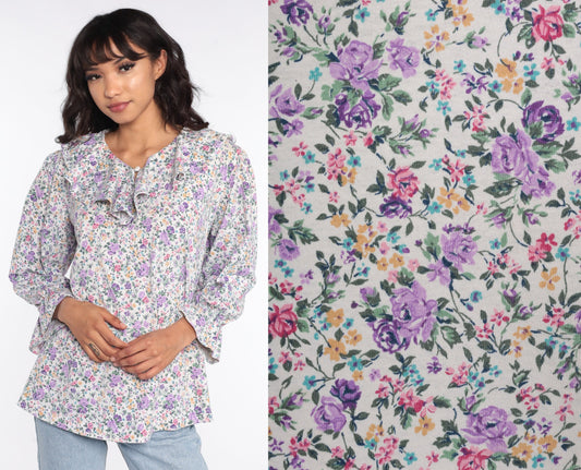 80s Floral Tuxedo Blouse Purple Ruffle Long Sleeve Medium