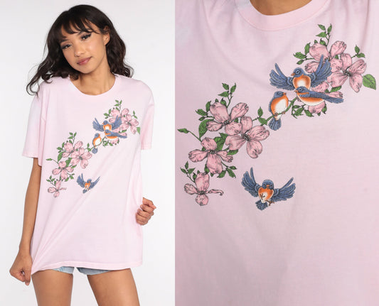 90s Bird Floral Graphic T-Shirt Pink Screen Print Vintage Large L