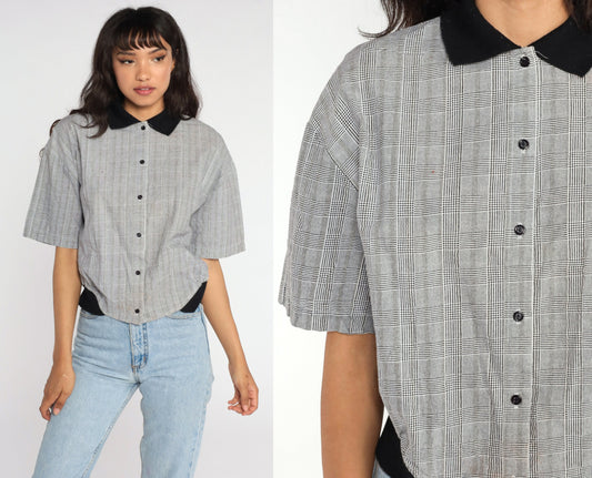90s Black White Checkered Button-Up Shirt Cotton Short Sleeve Small