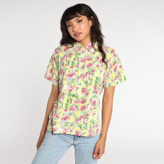80s Yellow Floral Button-Up Blouse Short Sleeve Pink Rose Print Medium