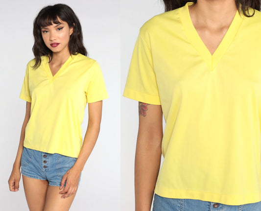 70s Yellow V-Neck T-Shirt Single Stitch Plain Tee Small Medium