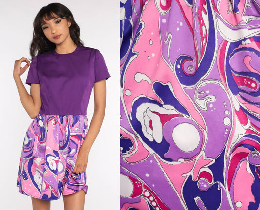 70s Psychedelic Mini Dress Pink Purple Short Sleeve Small