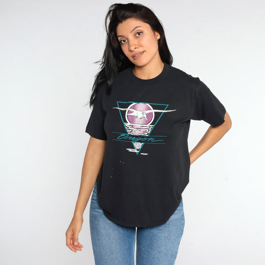 80s Oregon Seagull Graphic T-Shirt Jerzees Black Tee Medium