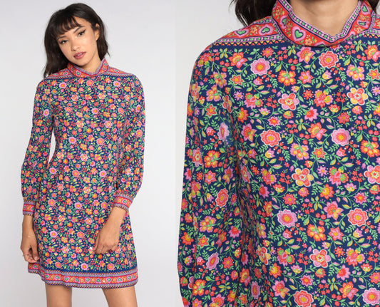 60s Psychedelic Floral Mini Shift Dress Balloon Sleeve Blue Purple Small