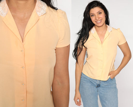 80s Peach Puff Sleeve Blouse Lace Collar Button Up Shirt Small