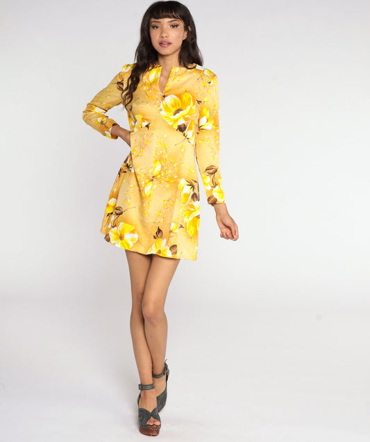 60s Yellow Floral Babydoll Dress Empire Waist Mini Long Sleeve Medium