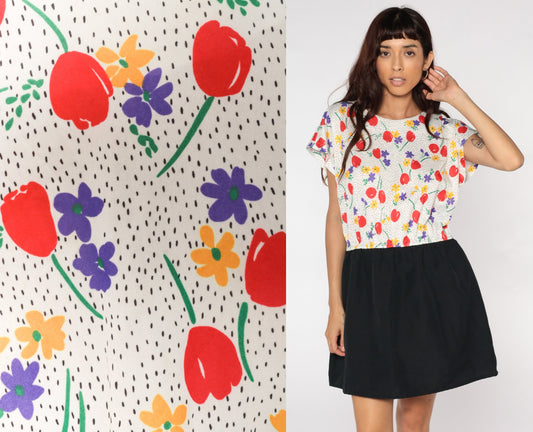 70s Floral Mini Dress White Bodice Black Skirt High Waist Wool Cap Sleeve Extra Large